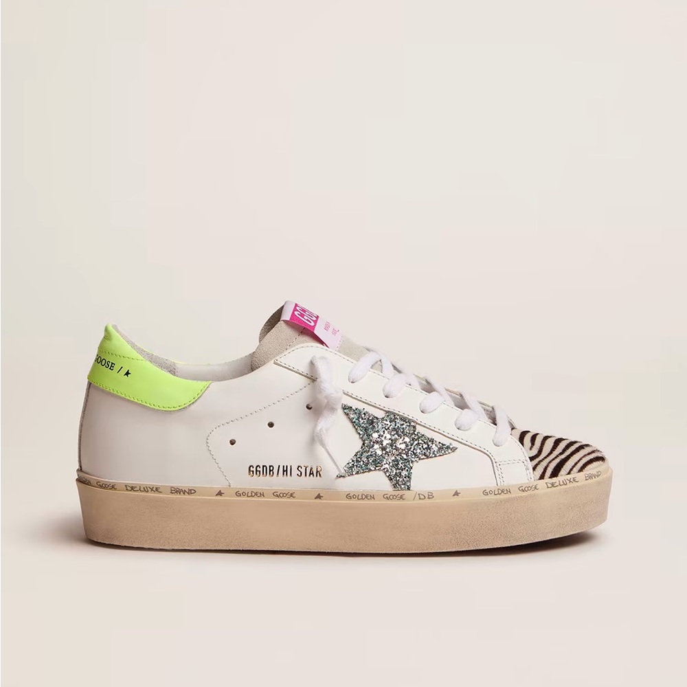 Golden Goose All Hi Star Sneakers with Light Blue Glitter Star and Zebra Print